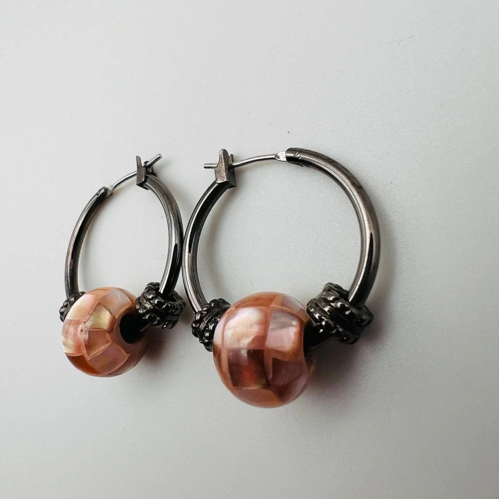 Gunmetal Hoop Earrings with Pink Mosaic Faux Mother of Pearl Shell Beads Boho